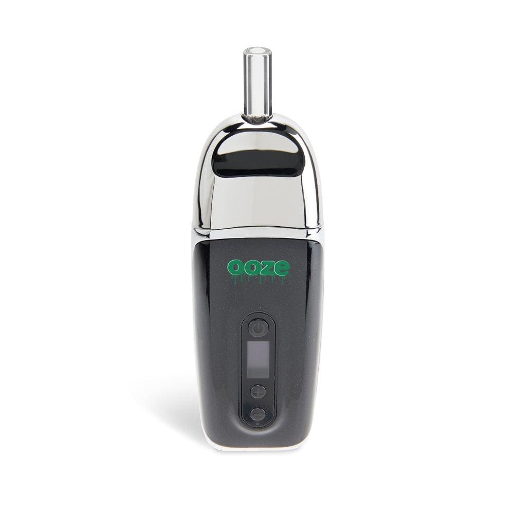 Front view of the Ooze Flare Dry Herb Vaporizer, a compact, black handheld device with a sleek, modern design.
