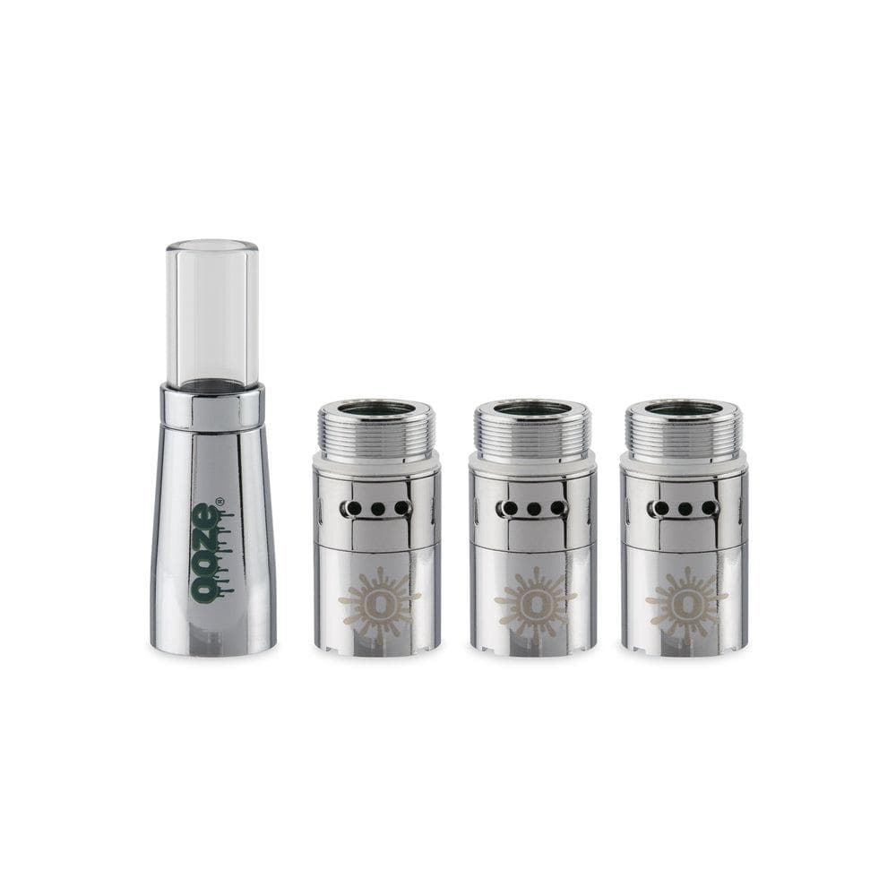 A close-up, angled view of the Ooze Fusion Vape Atomizer, showcasing its metallic finish and minimalist design against a plain white background.
