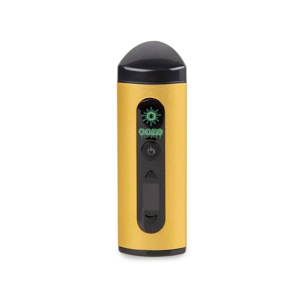 A front view of the Ooze Drought Dry Herb Vaporizer Kit, featuring a sleek, silver-toned device against a dark background.