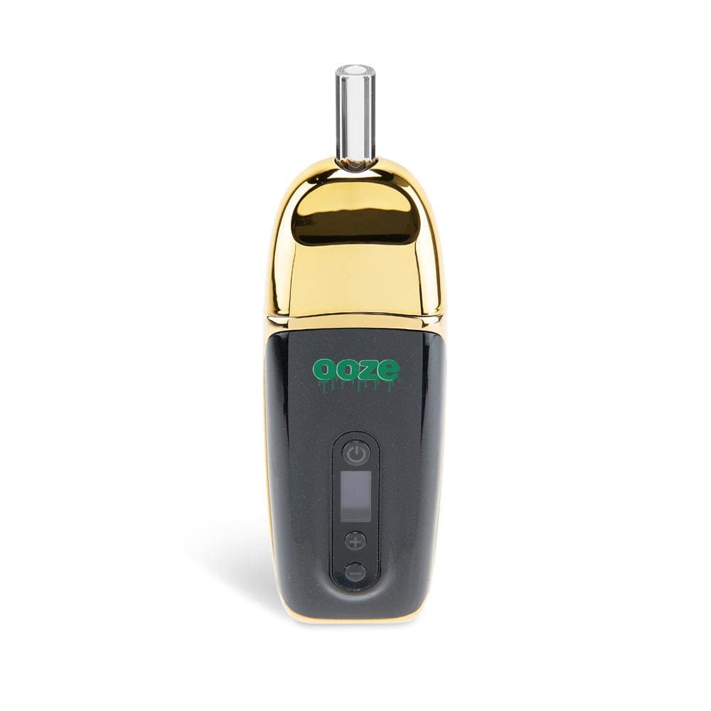 Front view of the Ooze Flare Dry Herb Vaporizer, a sleek, black handheld device with a metallic accent.