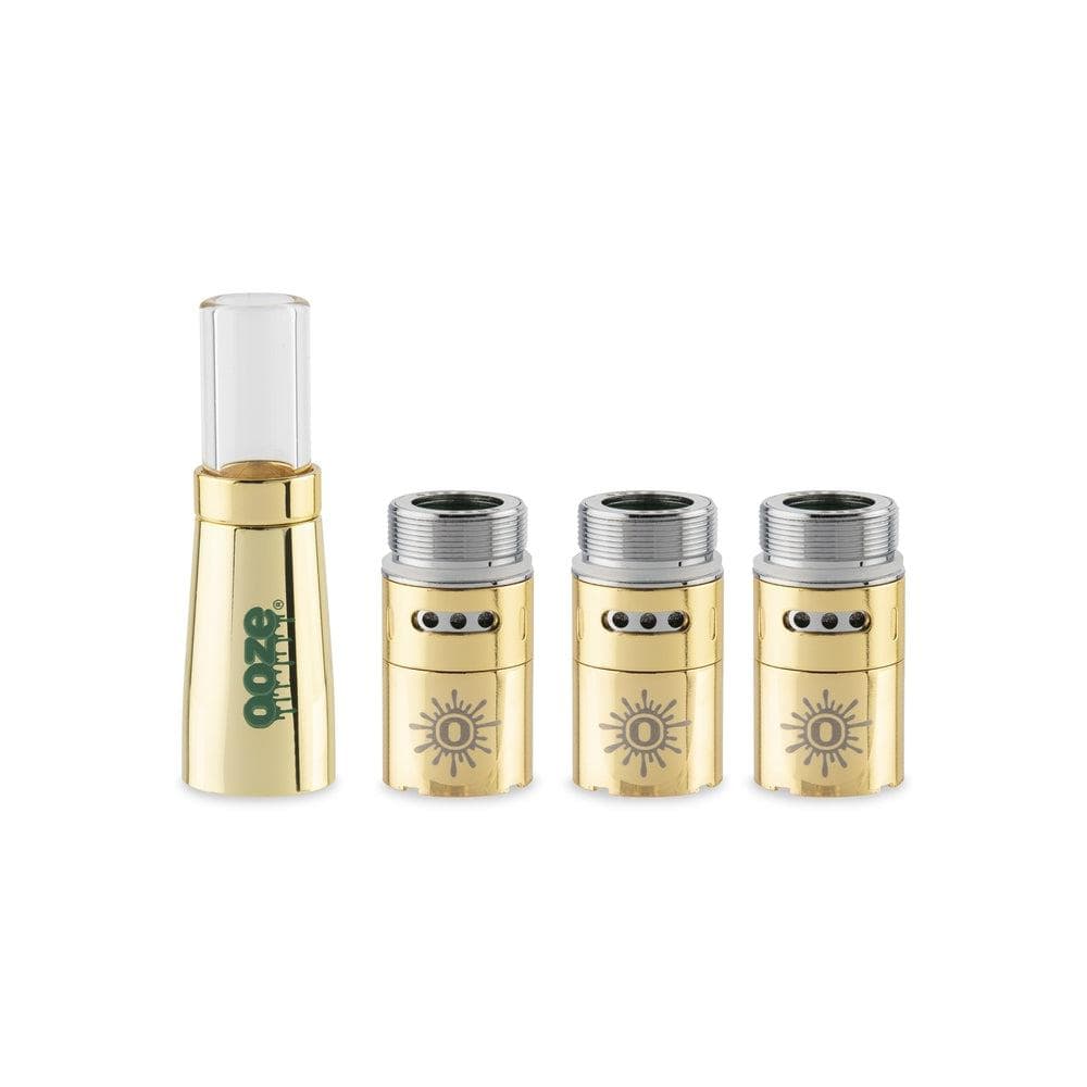 A close-up, angled view of the Ooze Fusion Vape Atomizer, showcasing its metallic finish and detailed connector design.