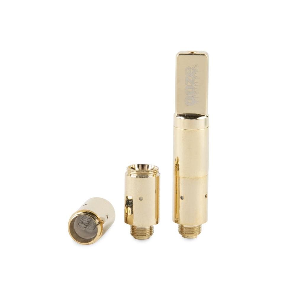Close-up of the Ooze Slim Twist Pro Atomizer, showing two metallic components arranged diagonally against a plain white background.