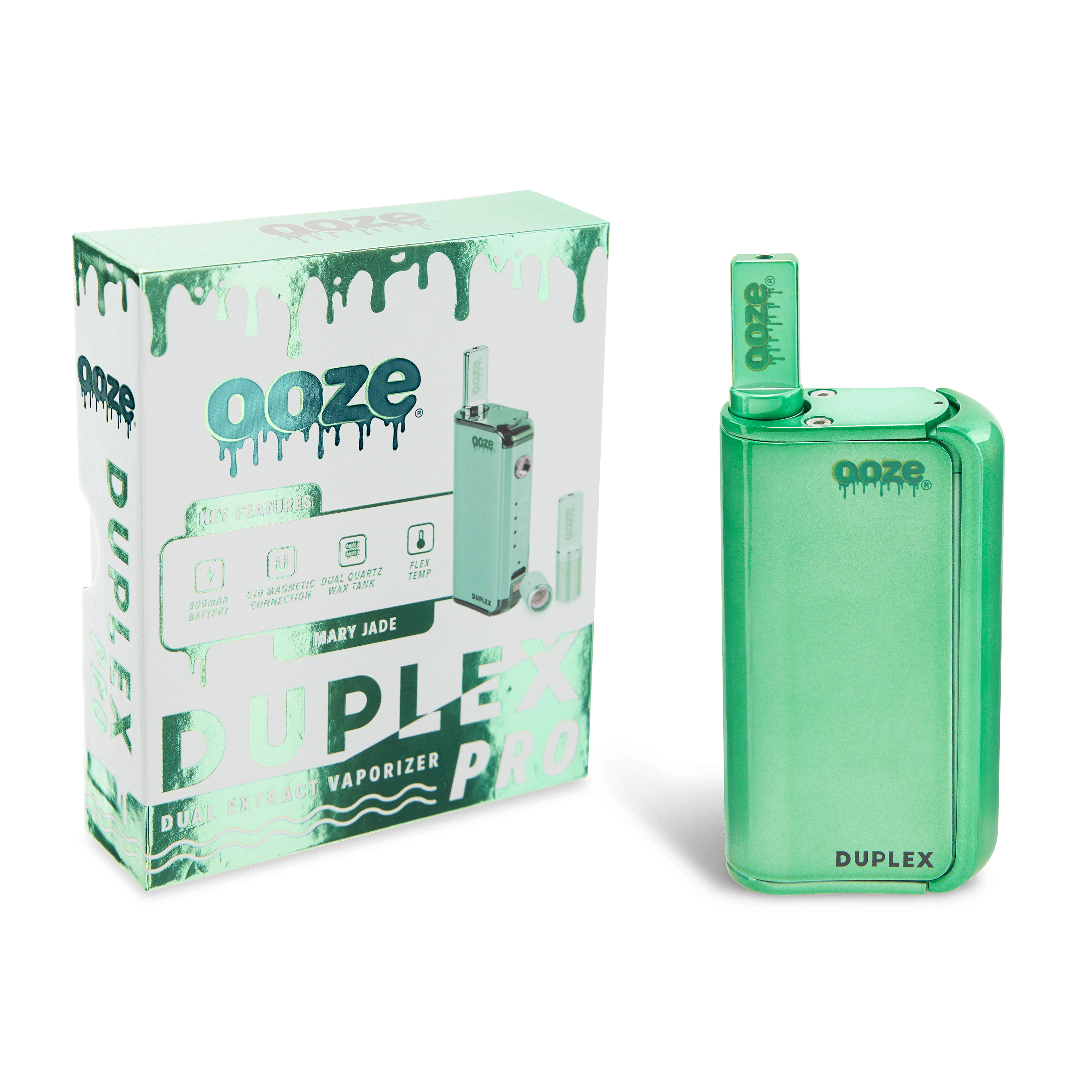 Front view of the Ooze Duplex Pro – 900 mAh – Cartridge & Wax Vaporizer, displaying its branded packaging and sleek, vertical design.