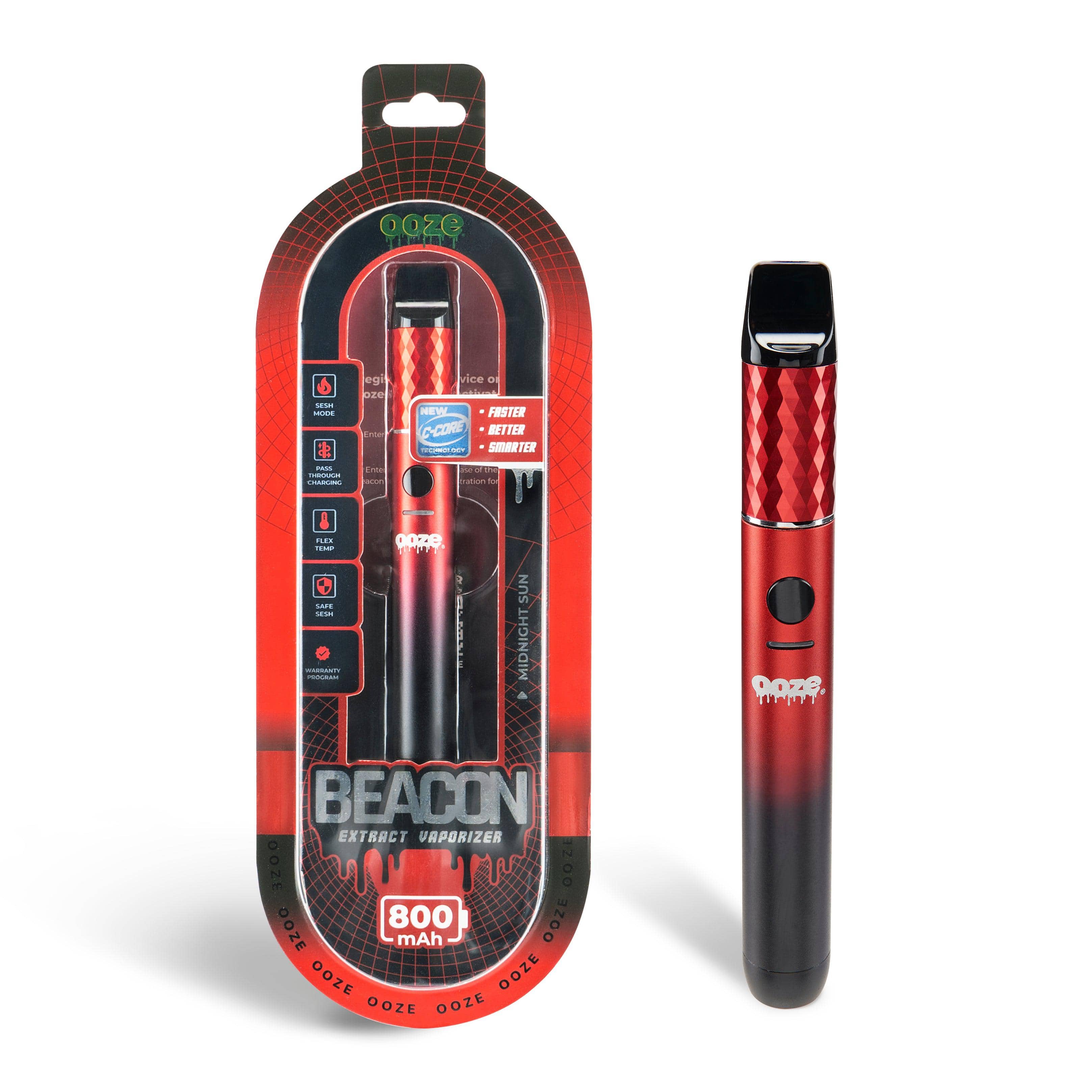 A close-up, angled view of the Ooze Beacon Extract Vaporizer C-Core 800 mAh, displaying its branding and silver metallic finish.