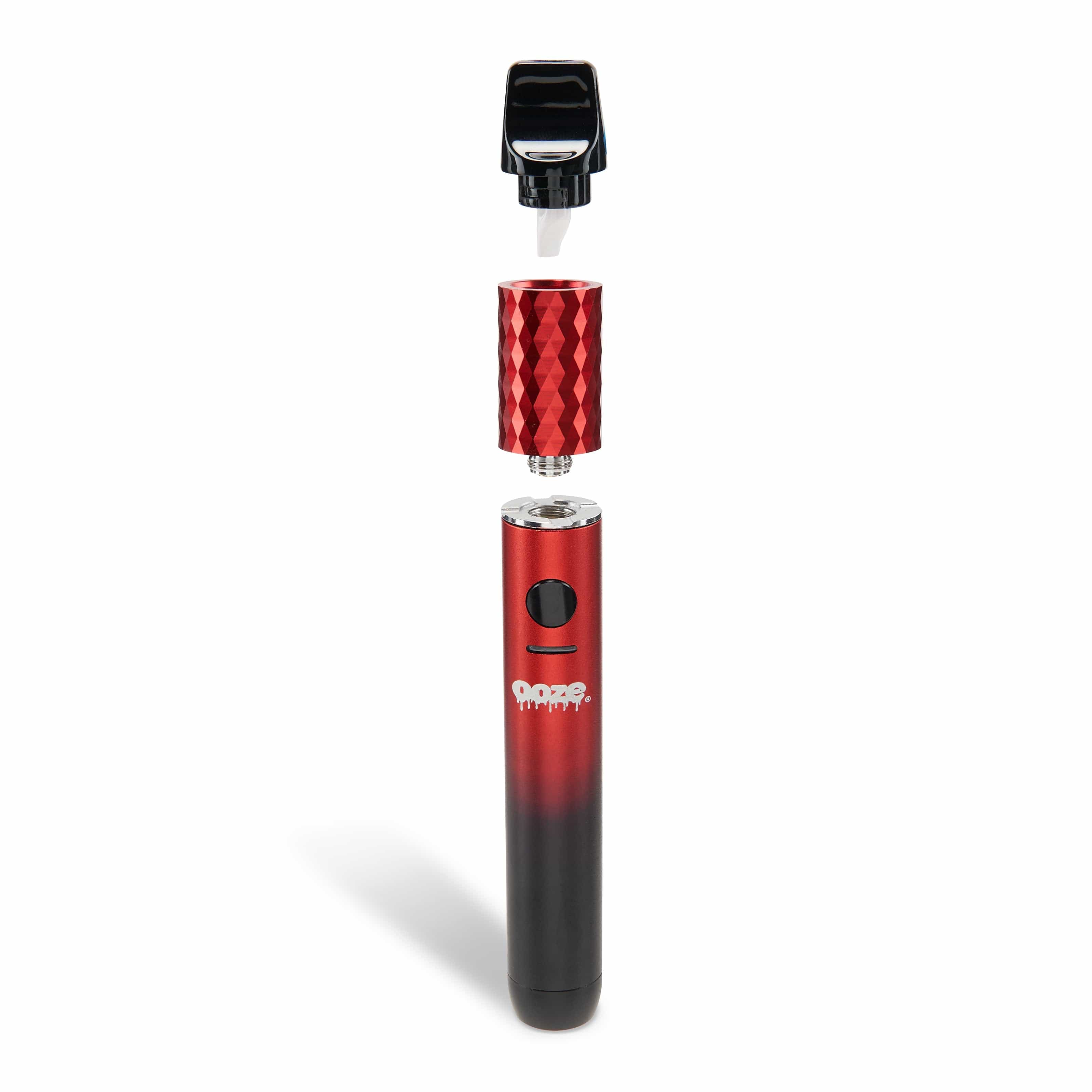 A studio shot of the Ooze Beacon Extract Vaporizer C-Core 800 mAh, featuring a sleek, black and red design with a conical top.