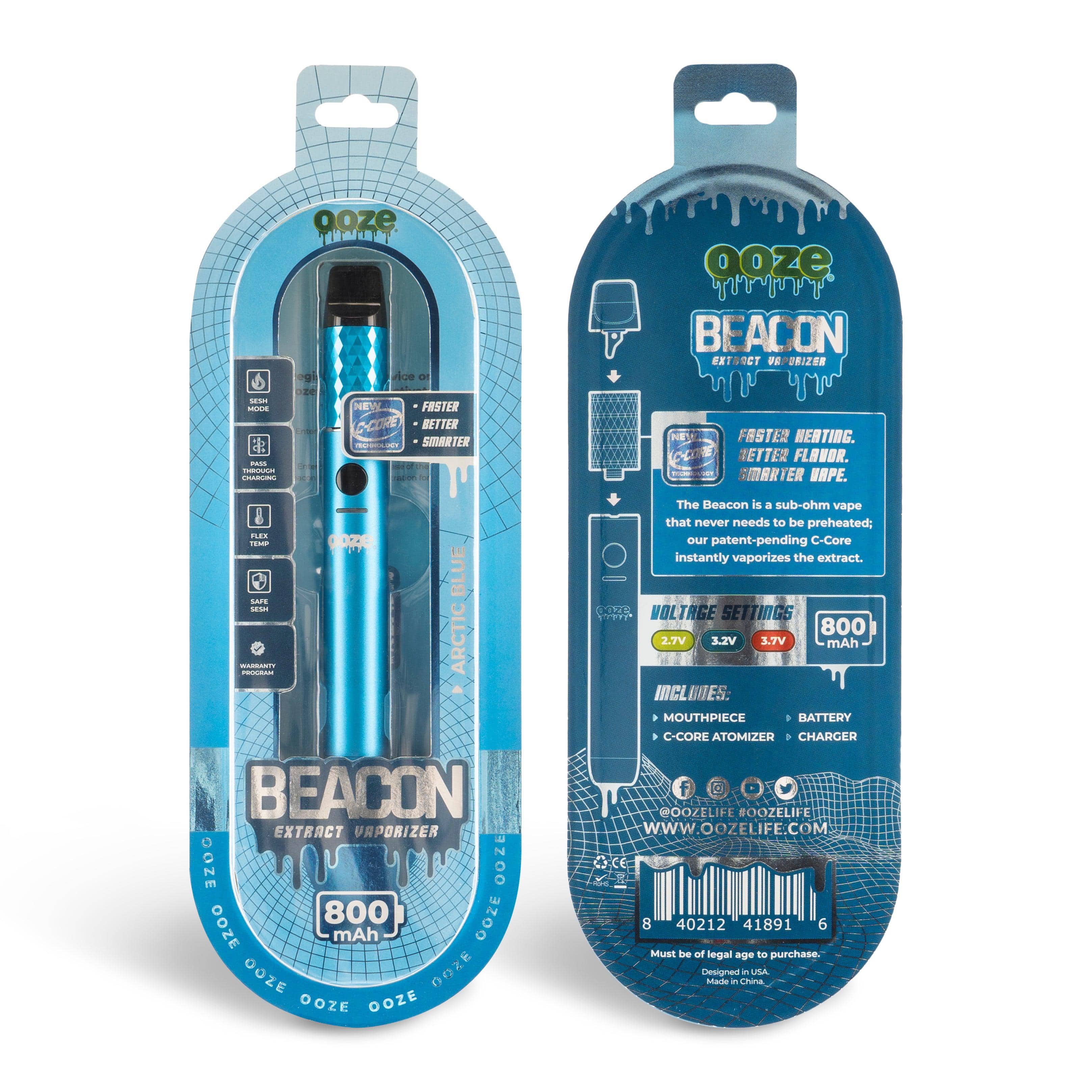 Front view of the Ooze Beacon Extract Vaporizer C-Core 800 mAh against a dark background, showcasing its charging port and digital display.