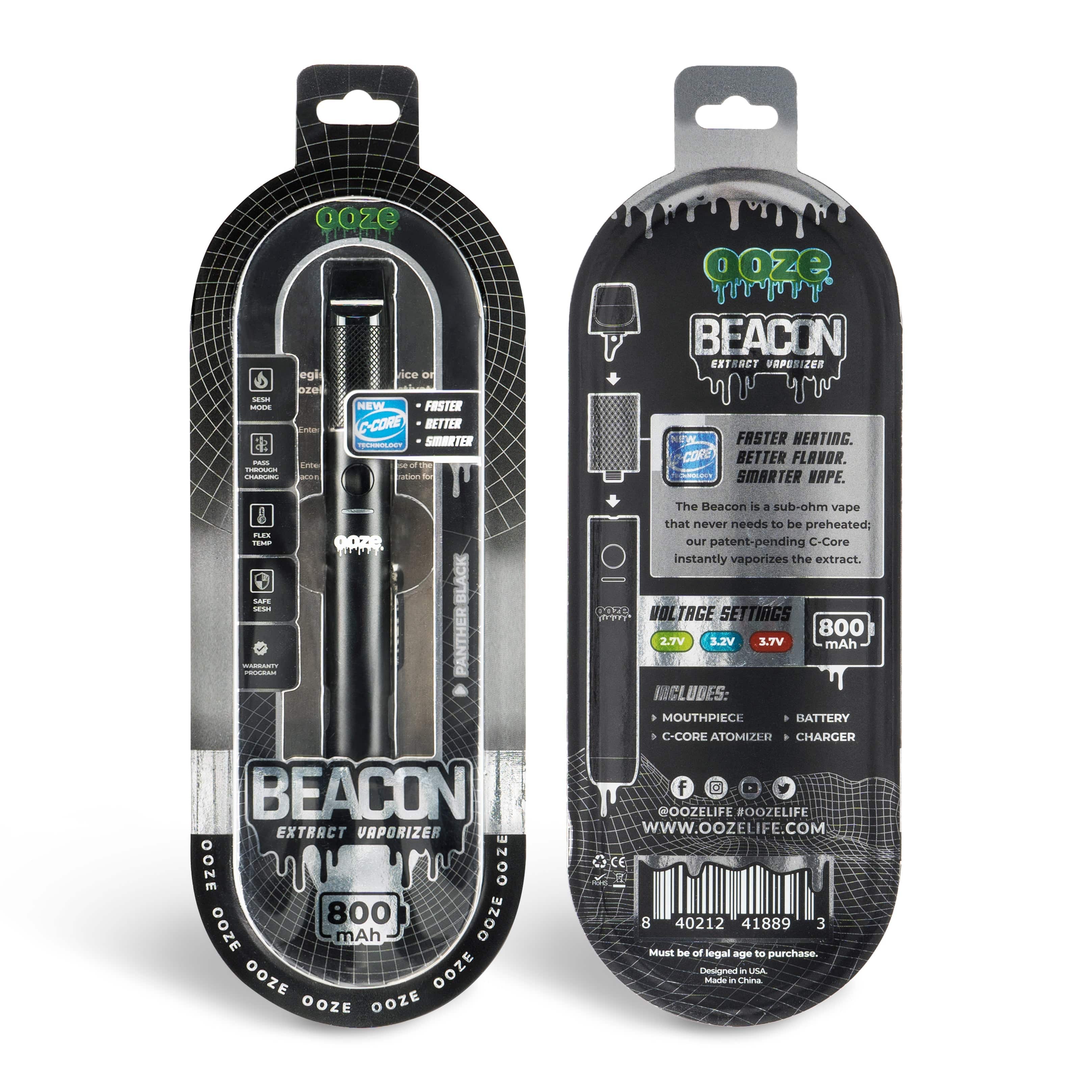 Front view of the Ooze Beacon Extract Vaporizer C-Core 800 mAh, showcasing its sleek black design and product information on its packaging.