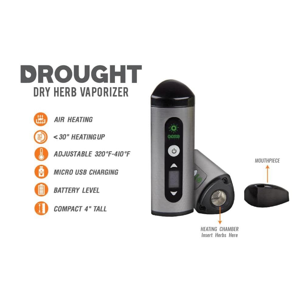 Front view of the Ooze Drought Dry Herb Vaporizer Kit, showing a black handheld device with a digital display and USB charging port.