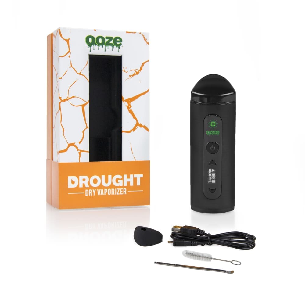 Front view of the Ooze Drought Dry Herb Vaporizer Kit, a black handheld device with a glossy finish and a prominent digital display.