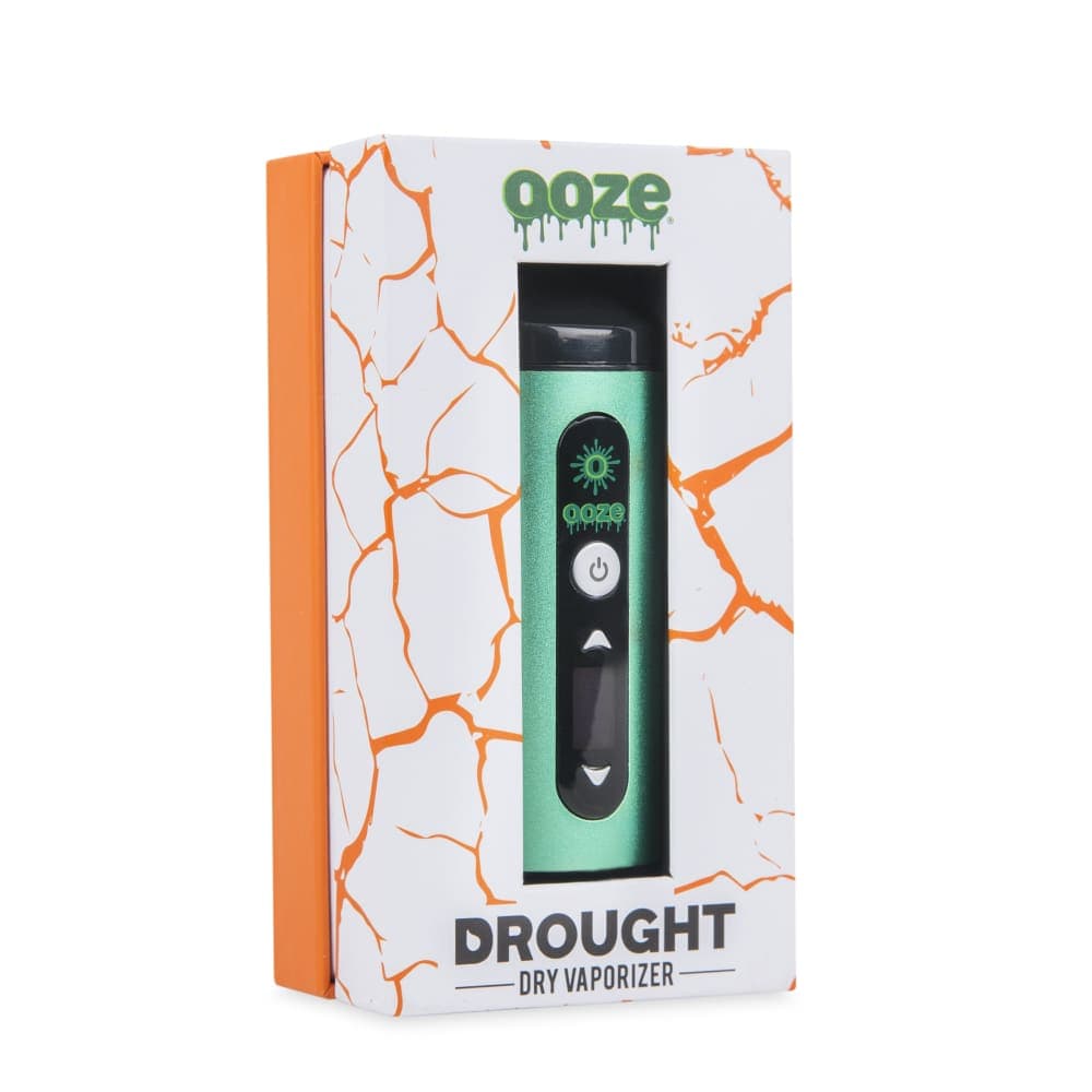 Front view of the Ooze Drought Dry Herb Vaporizer Kit, a sleek, black handheld device with a branded label against a simple white backdrop.