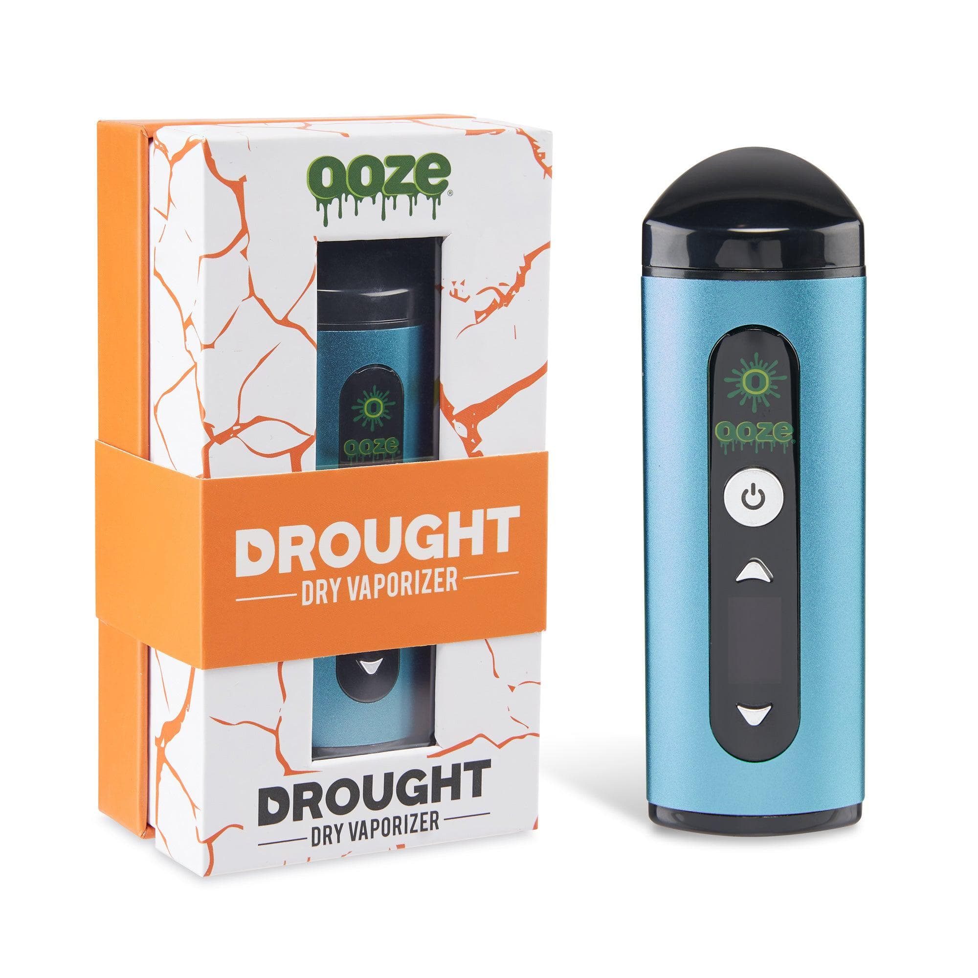 Front view of the Ooze Drought Dry Herb Vaporizer Kit, a sleek, dark blue handheld device with a silver accent and branded packaging.