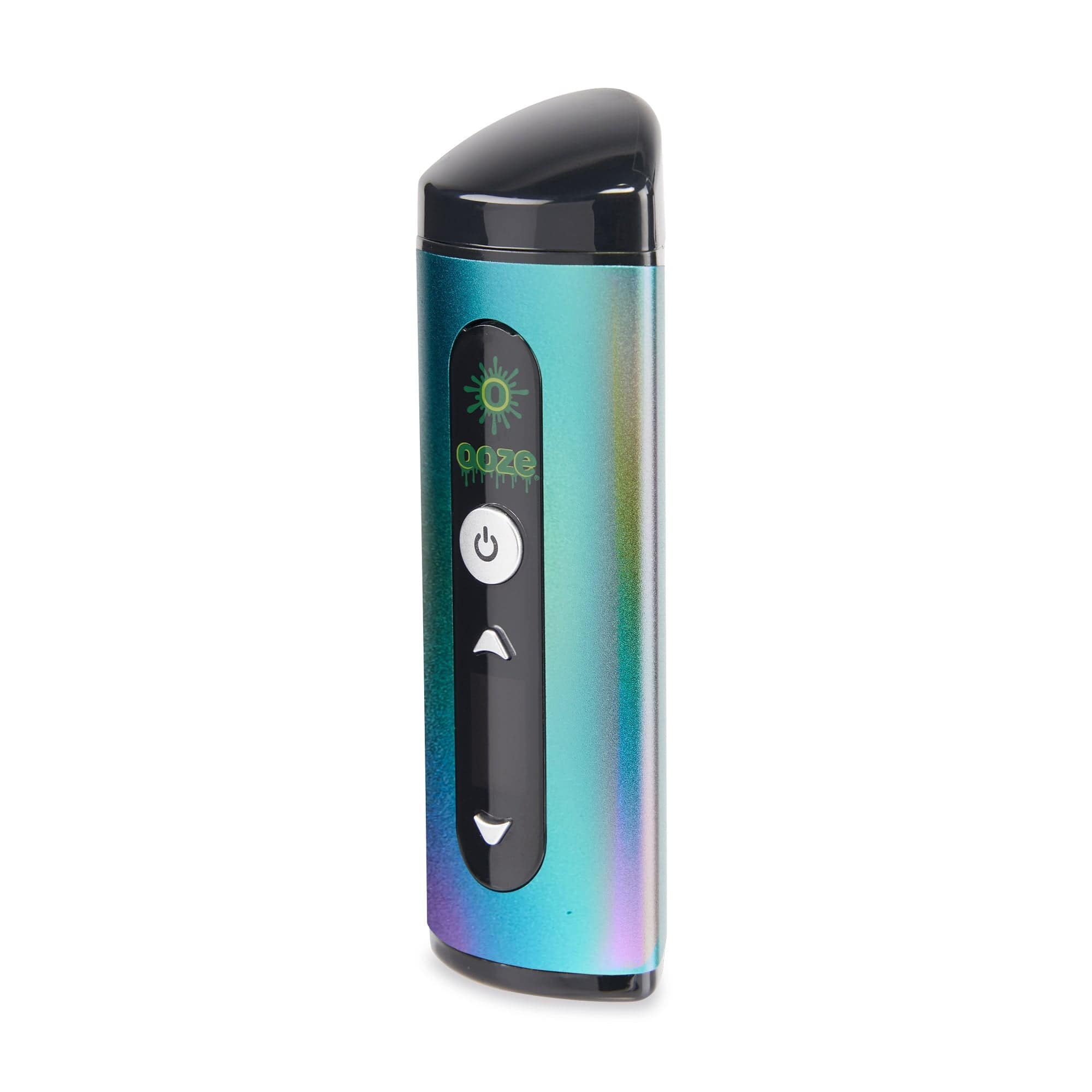 Front view of the Ooze Drought Dry Herb Vaporizer Kit, showcasing its sleek, metallic finish and compact cylindrical shape.