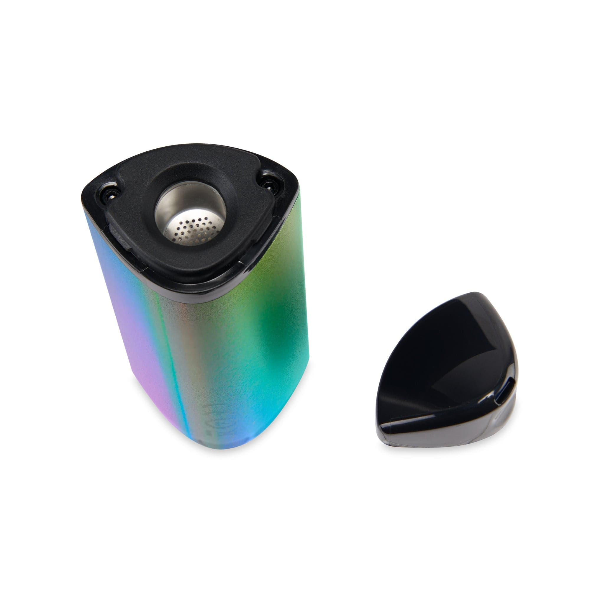 Close-up, angled view of the Ooze Drought Dry Herb Vaporizer Kit, showcasing its dark, open chamber against a neutral background.