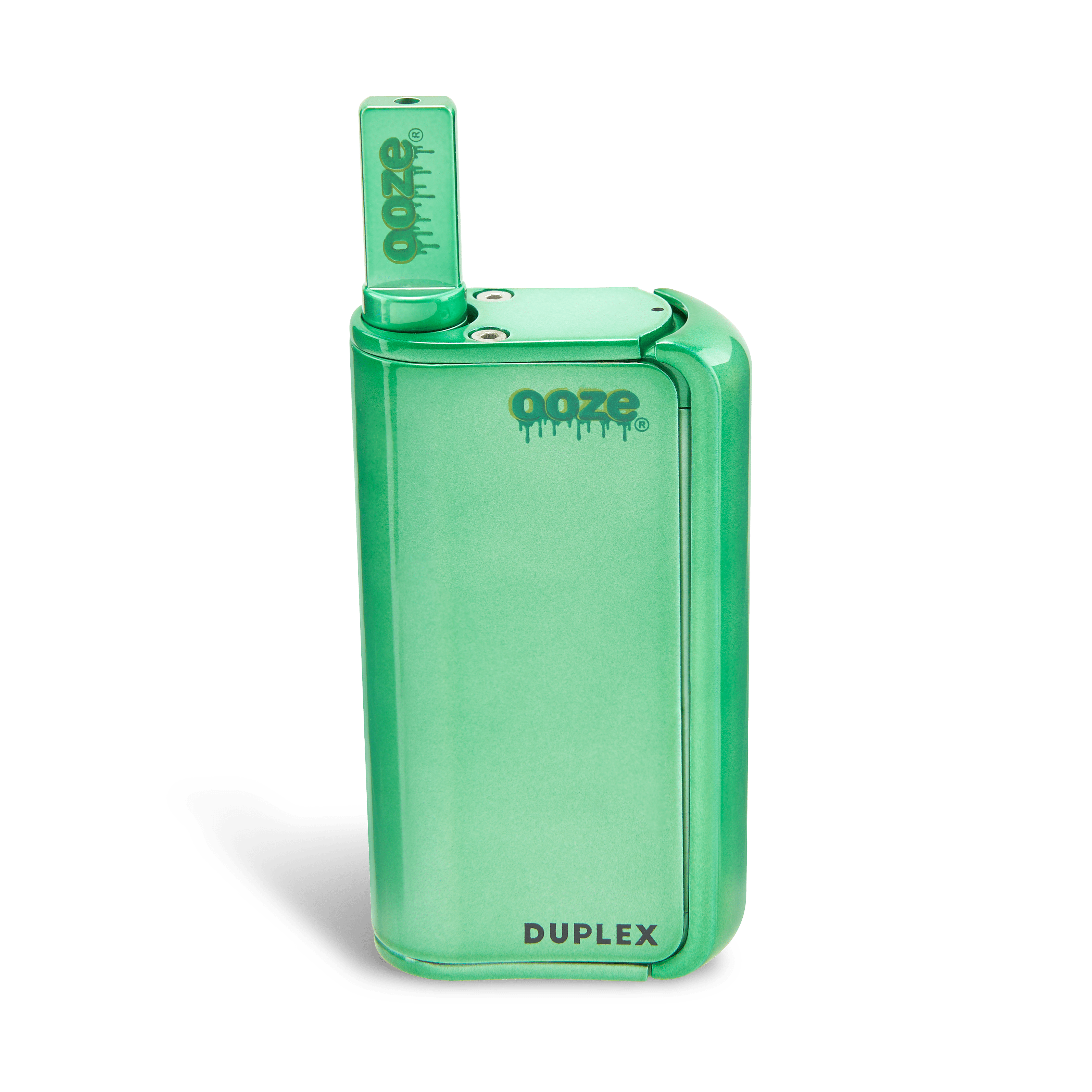 Front view of the Ooze Duplex Pro vaporizer, a sleek, black device with a textured grip, set against a plain white background.