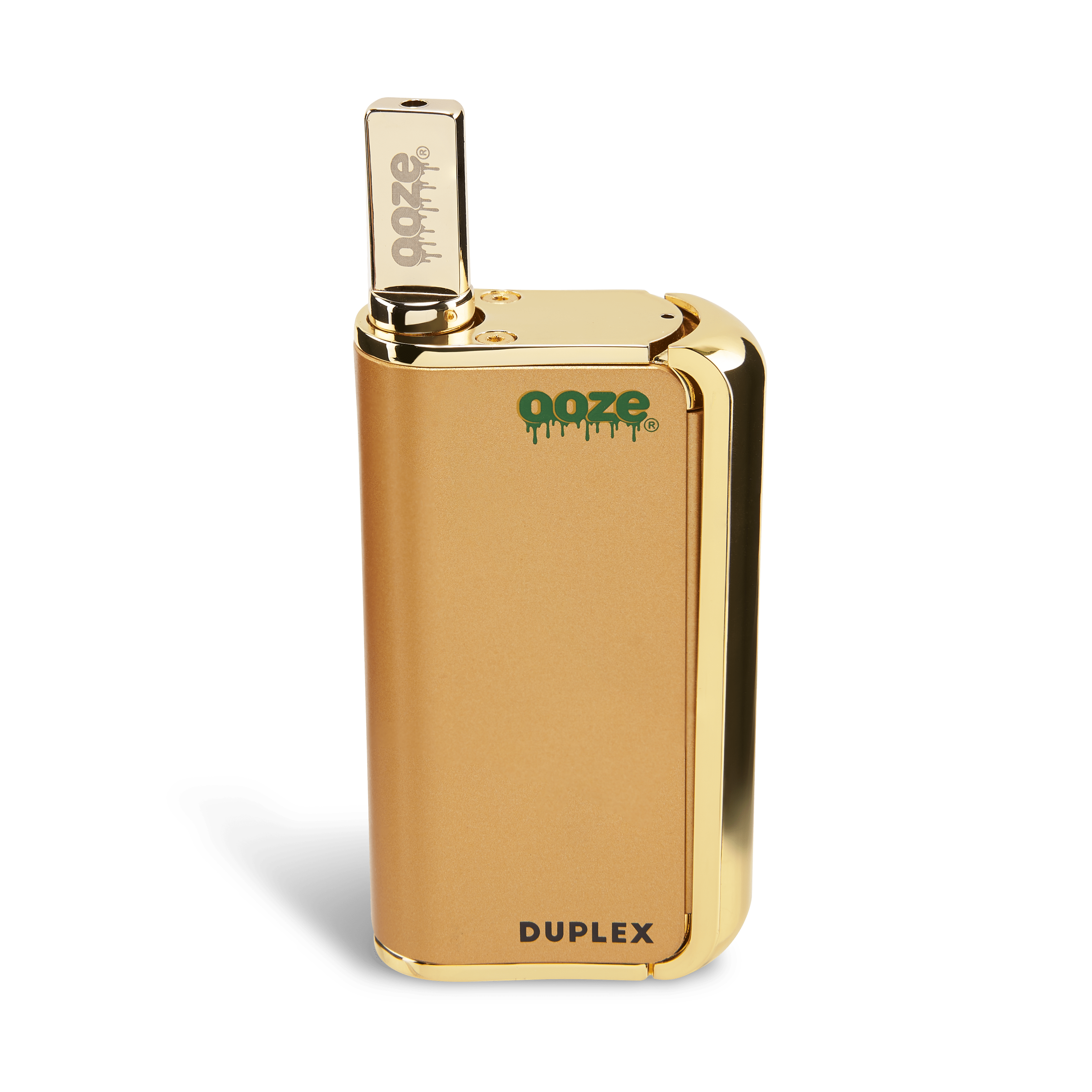 Front view of the gold Ooze Duplex Pro vaporizer, showcasing its sleek, rectangular design against a plain white background.