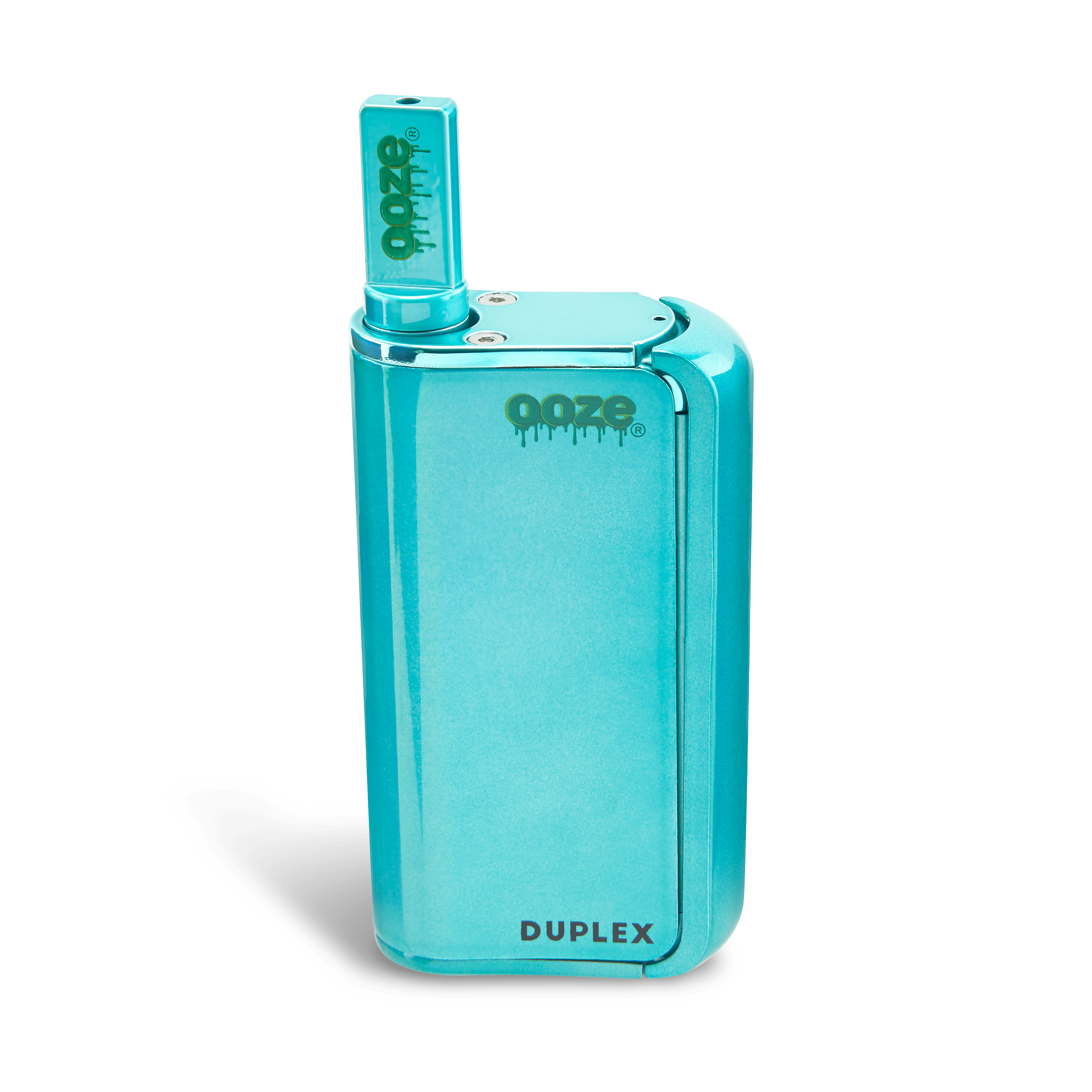 Front view of the Ooze Duplex Pro vaporizer, a sleek, rectangular device with a dark screen and branding on a white background.
