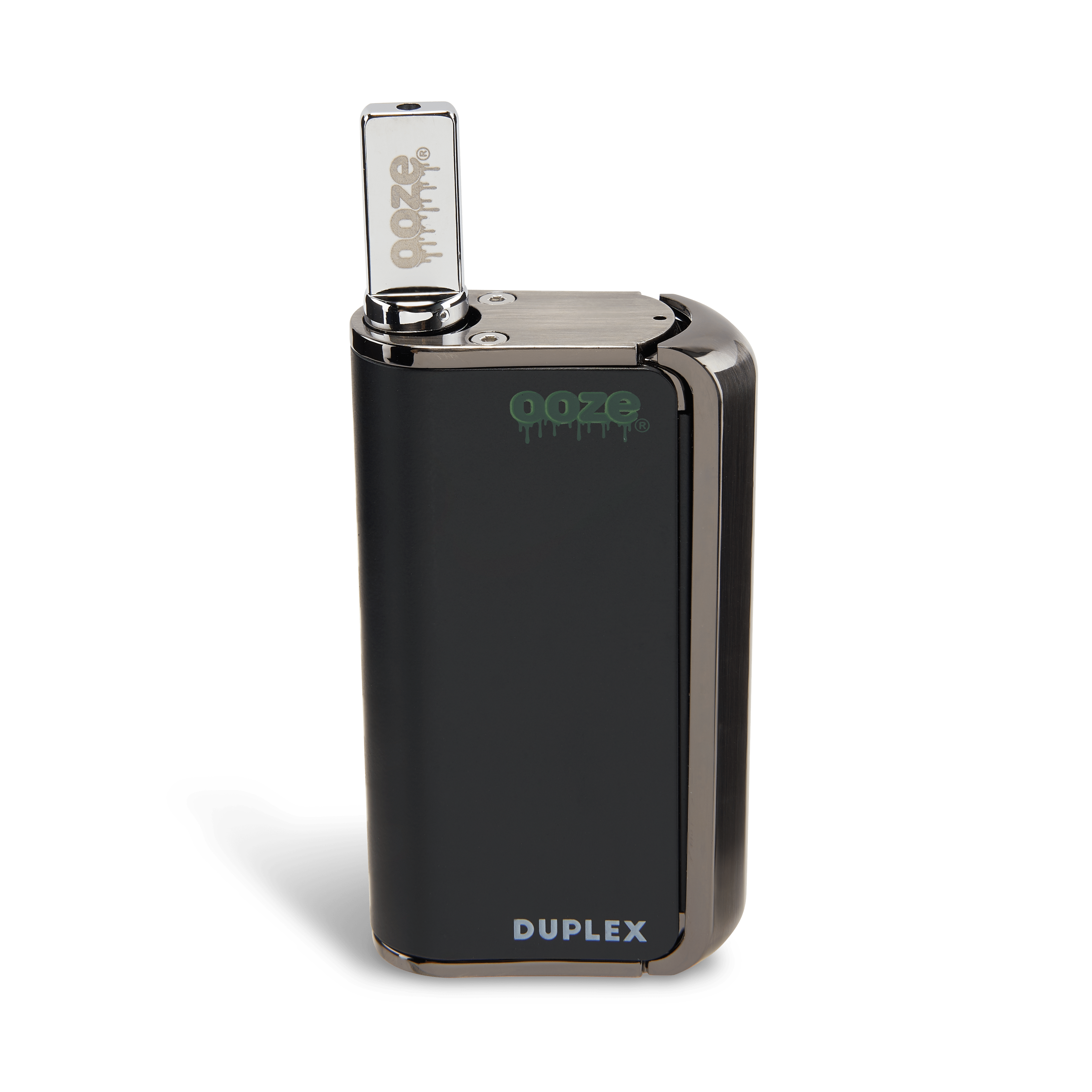Front view of the Ooze Duplex Pro vaporizer, a sleek, black device angled slightly against a dark backdrop.