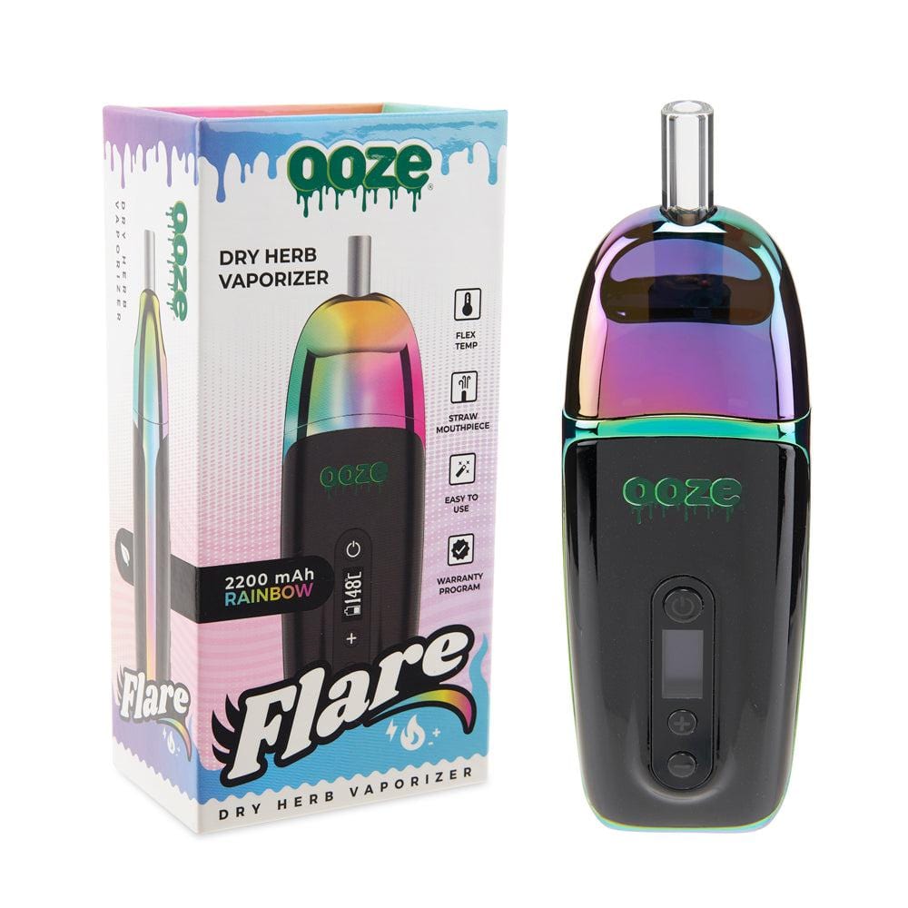 Front view of the Ooze Flare Dry Herb Vaporizer, showcasing its sleek, dark design with a vibrant, rainbow-like sheen.
