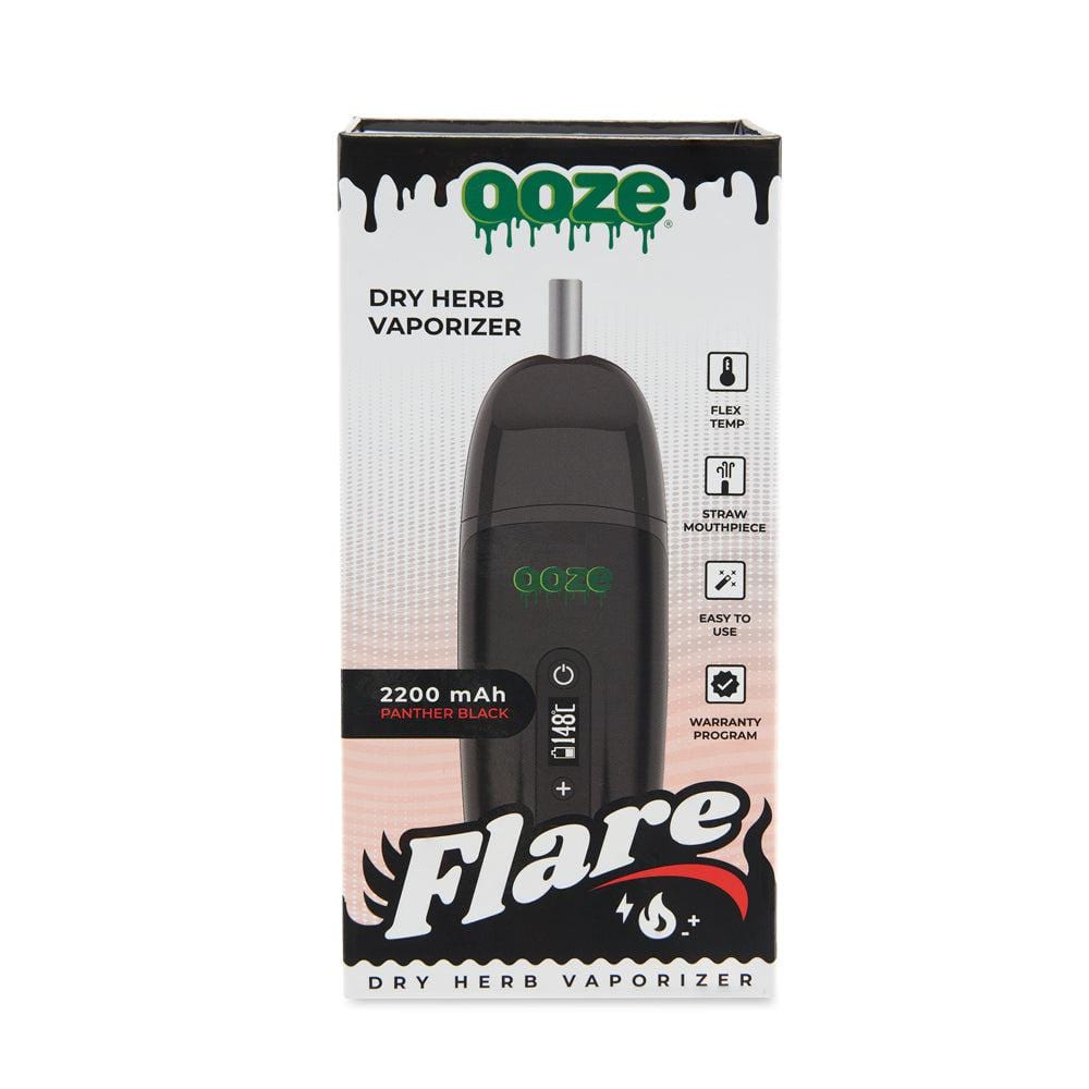 Front view of the Ooze Flare Dry Herb Vaporizer, showcasing its sleek, black design and prominent branding on a white backdrop.
