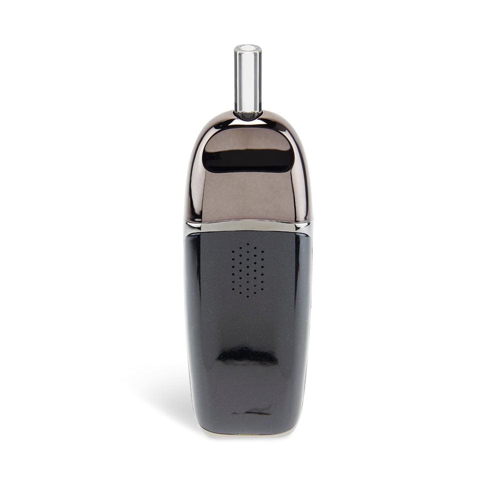 Front view of the Ooze Flare Dry Herb Vaporizer, showcasing its sleek, dark design against a plain white background.