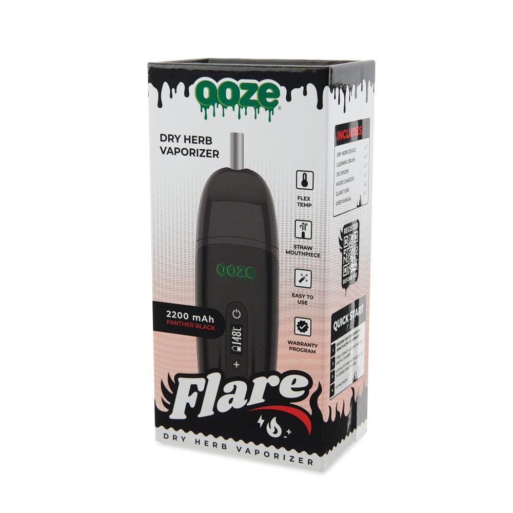 Front view of the Ooze Flare Dry Herb Vaporizer against a black background, showcasing its sleek design and packaging details.