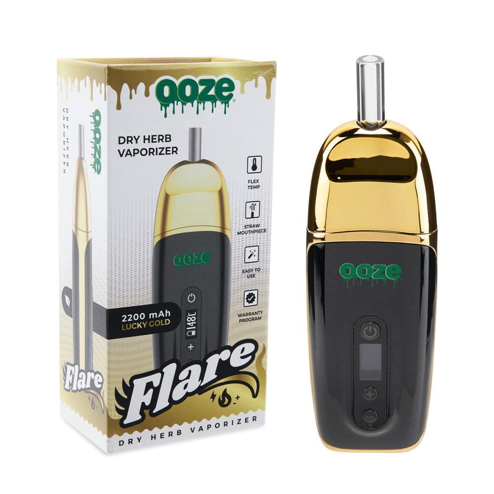 Front view of the Ooze Flare Dry Herb Vaporizer, a silver device with text labels and a sleek, rounded design.