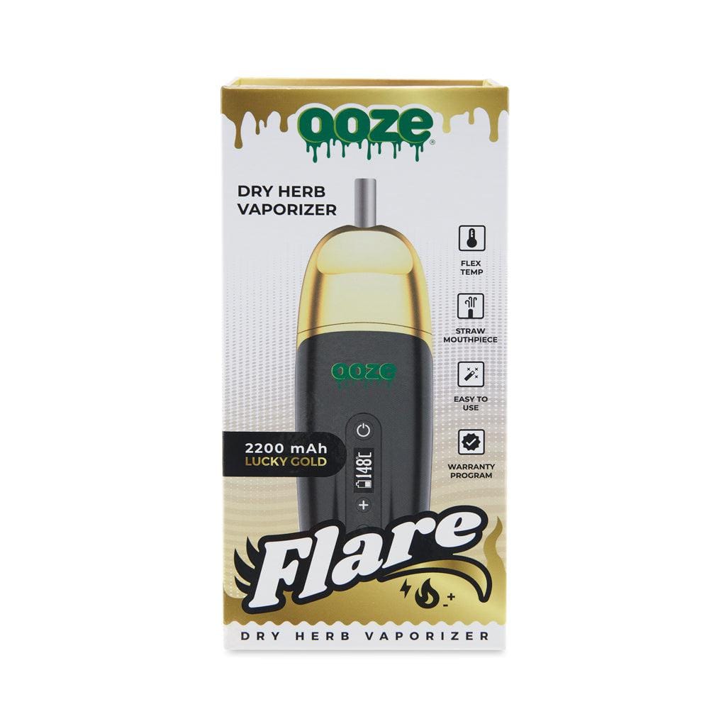 Front view of the Ooze Flare Dry Herb Vaporizer, showcasing the sleek black design and informational graphics on the device.