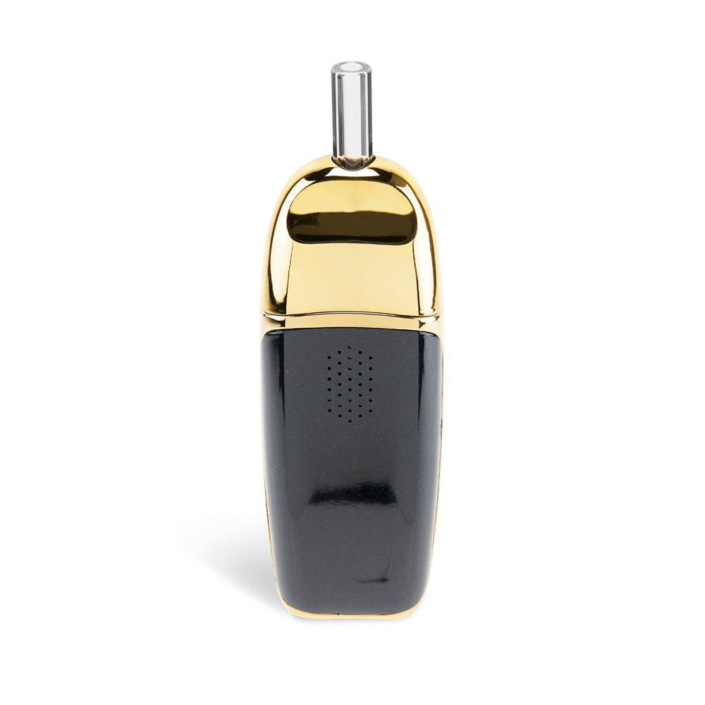 Front view of the Ooze Flare Dry Herb Vaporizer, a sleek, black handheld device with a minimalist design.