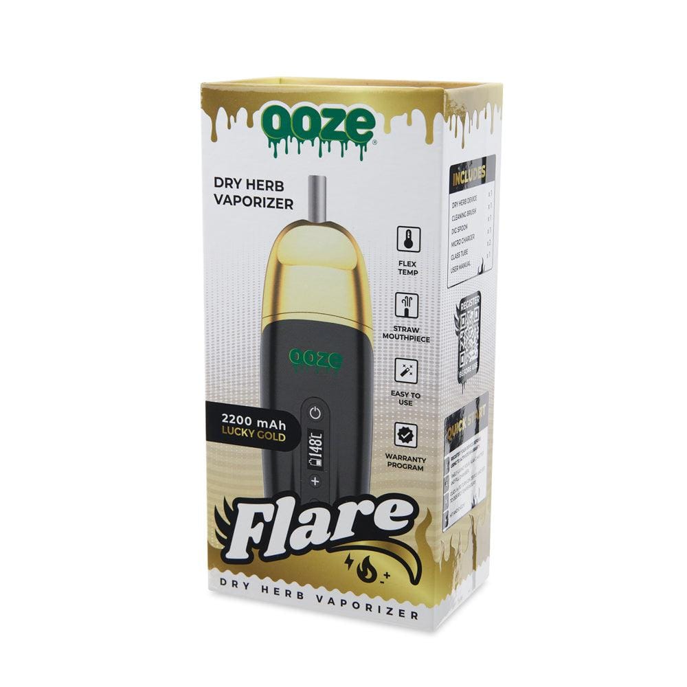 Front view of the Ooze Flare Dry Herb Vaporizer against a white backdrop, showcasing its branded packaging and included accessories.