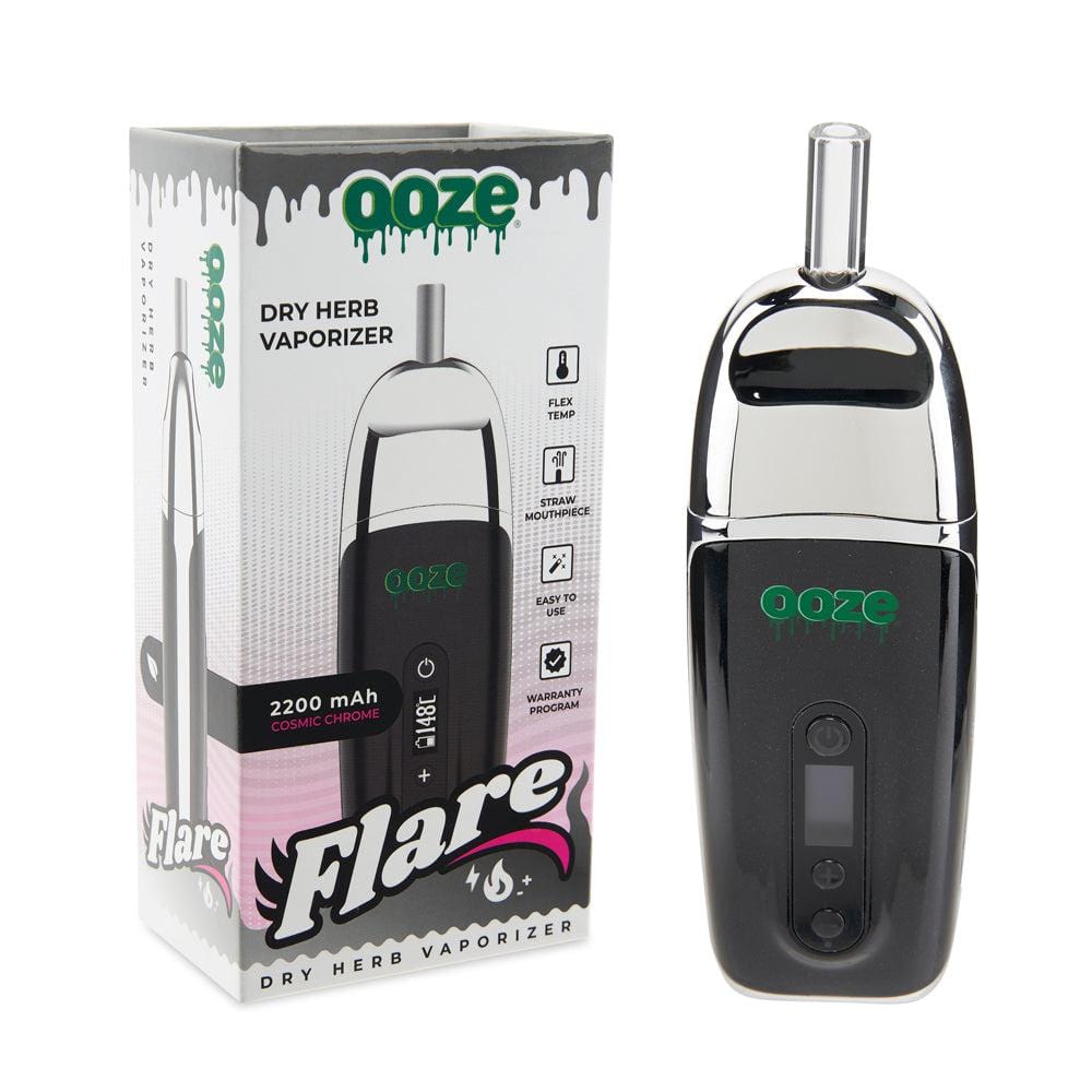Front view of the Ooze Flare Dry Herb Vaporizer with a black finish and product details displayed on the packaging.