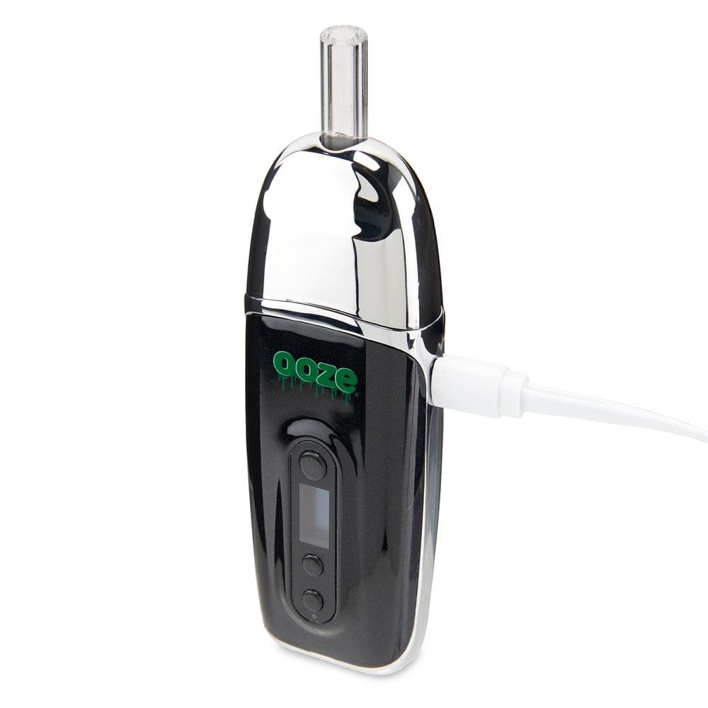 Front view of the Ooze Flare Dry Herb Vaporizer, a sleek, black handheld device with a curved profile.