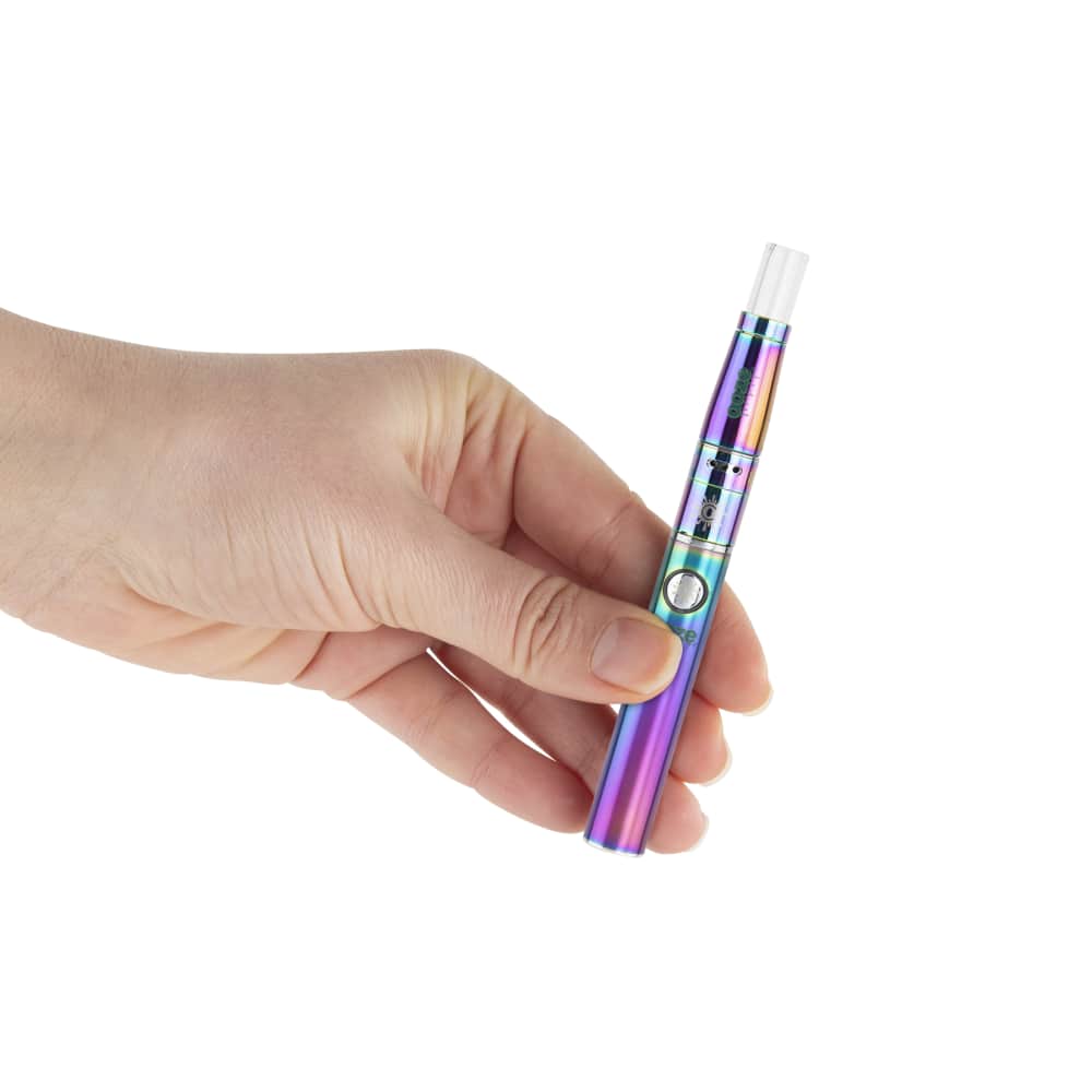A hand holds the silver Ooze Fusion Atomizer Vape Battery, displayed at a slight angle with soft, diffused lighting.