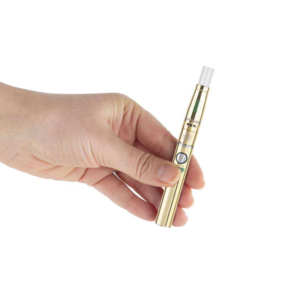 A hand holds the silver Ooze Fusion Atomizer Vape Battery, showing its sleek cylindrical shape and metallic finish.