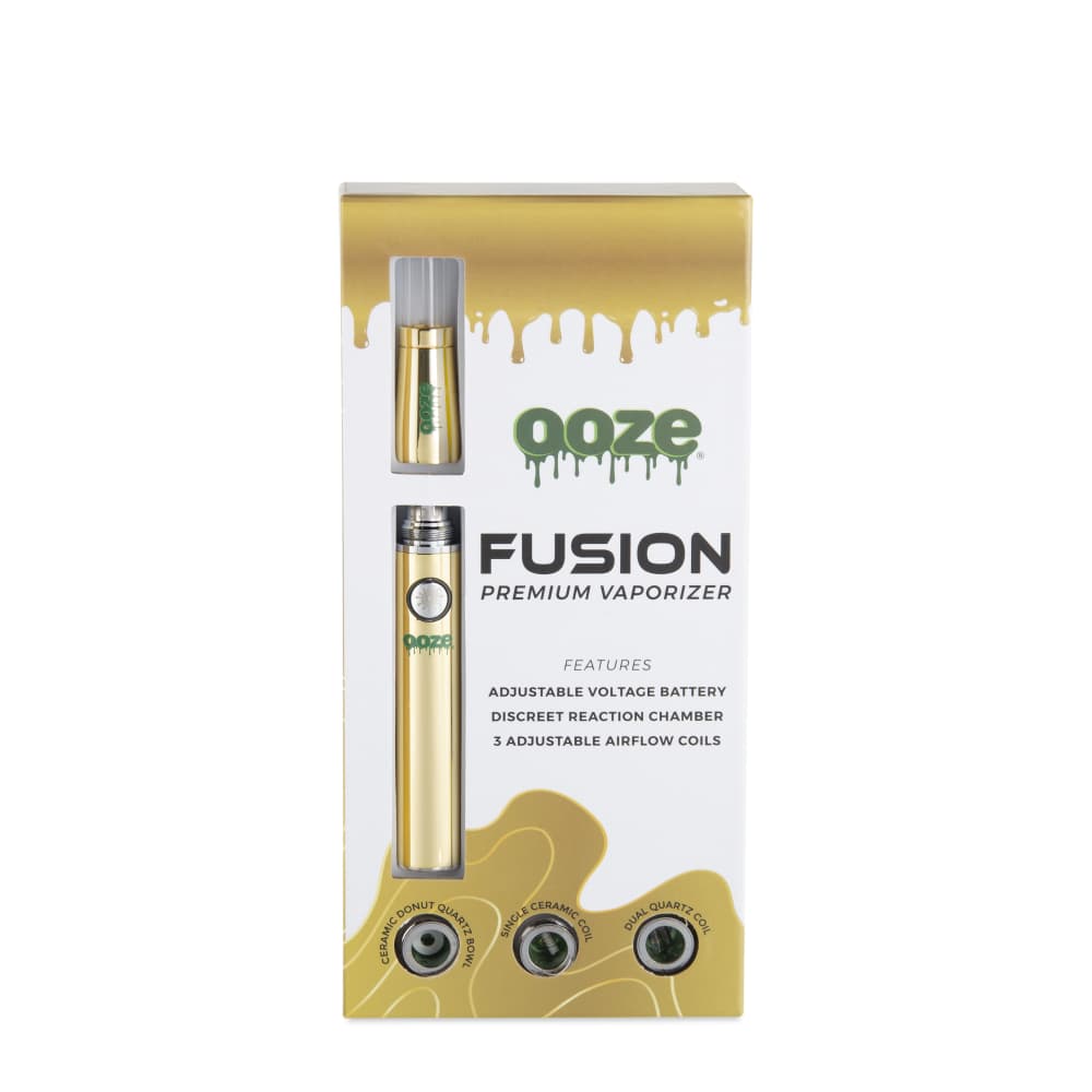 A slightly angled studio shot of the Ooze Fusion Atomizer Vape Battery, showcasing its metallic finish and branding against a dark background.