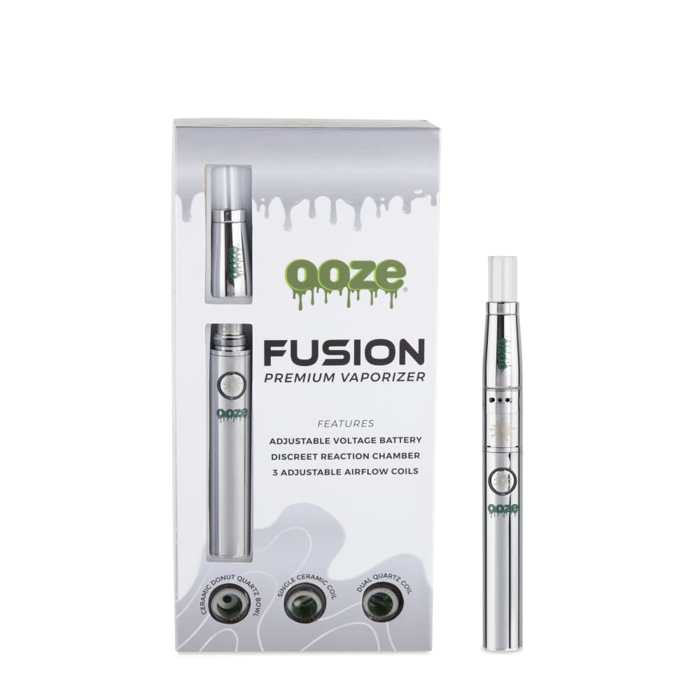 Close-up of the Ooze Fusion Atomizer Vape Battery, showcasing its sleek, cylindrical shape against a dark background.