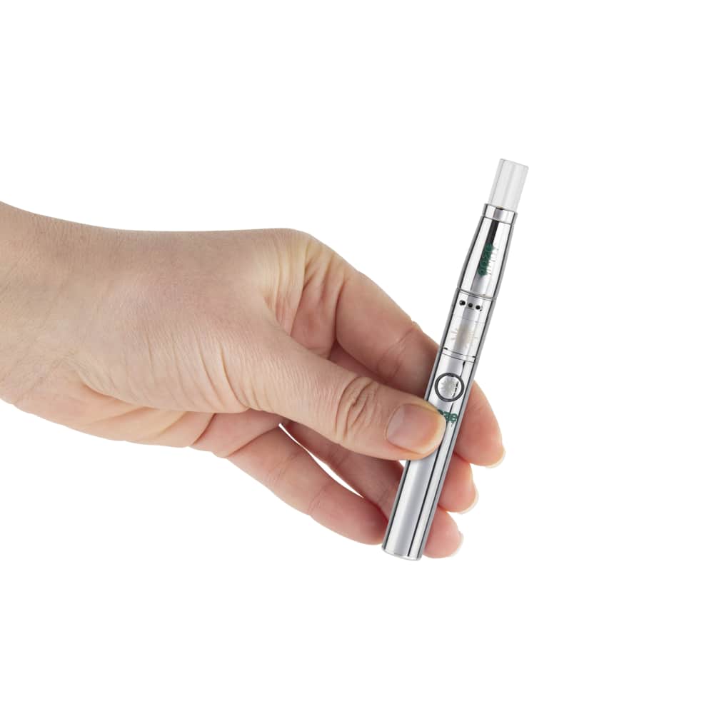 A hand holds the silver Ooze Fusion Atomizer Vape Battery, viewed from a slight angle against a plain white background.