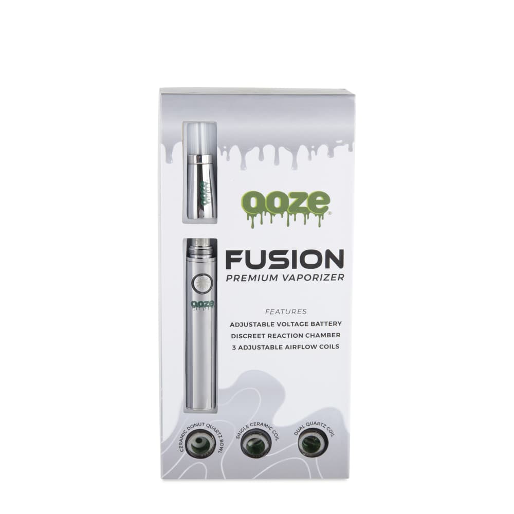A product shot of the Ooze Fusion Atomizer Vape Battery, displaying its silver finish and branded text against a black background.