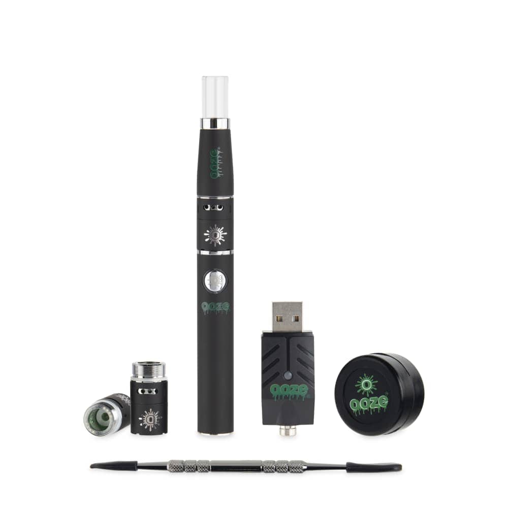 Front view of the Ooze Fusion Atomizer Vape Battery, a black cylindrical device with a USB connector, against a plain white backdrop.