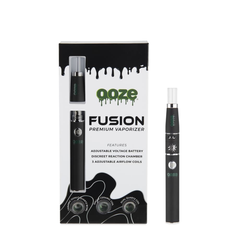 A centered, angled view of the Ooze Fusion Atomizer Vape Battery against a black background, highlighting its sleek, cylindrical design.