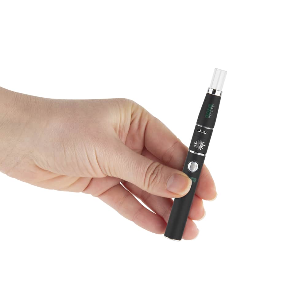 A hand holds the Ooze Fusion Atomizer Vape Battery, showcasing its sleek, cylindrical shape and metallic finish.