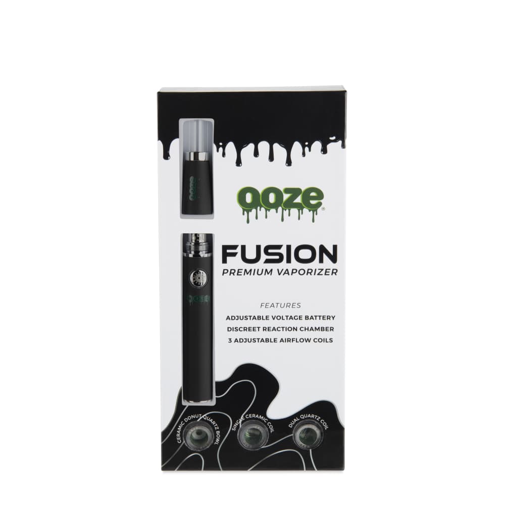 Front view of the Ooze Fusion Atomizer Vape Battery with text overlay, highlighting its sleek, cylindrical design on a dark background.