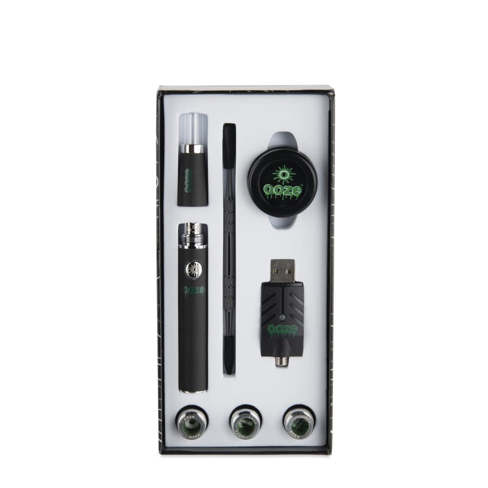 Front view of the Ooze Fusion Atomizer Vape Battery in its packaging, showing a black battery alongside its USB charger.