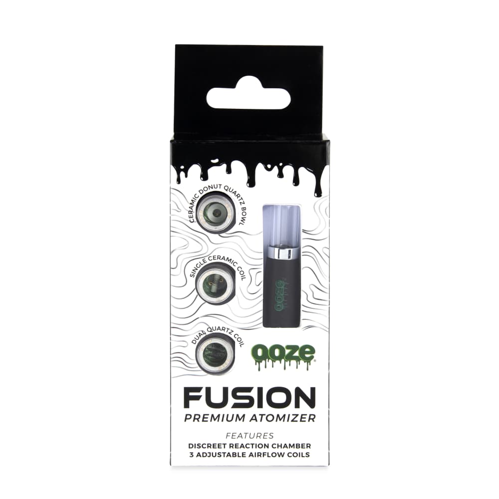 A close-up of the Ooze Fusion Vape Atomizer against a black background, showcasing its sleek, cylindrical design.