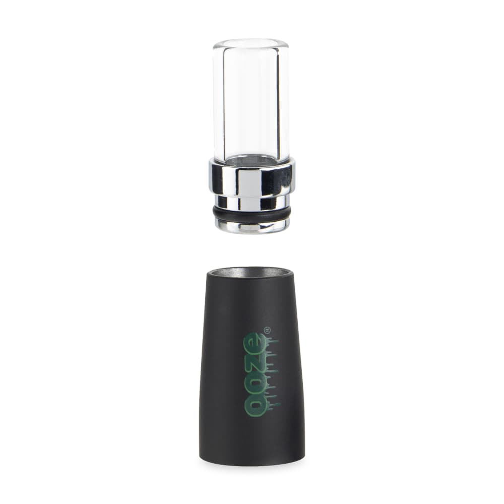A close-up view of the Ooze Fusion Vape Atomizer, showing its metallic and glass construction in a studio lighting setup.