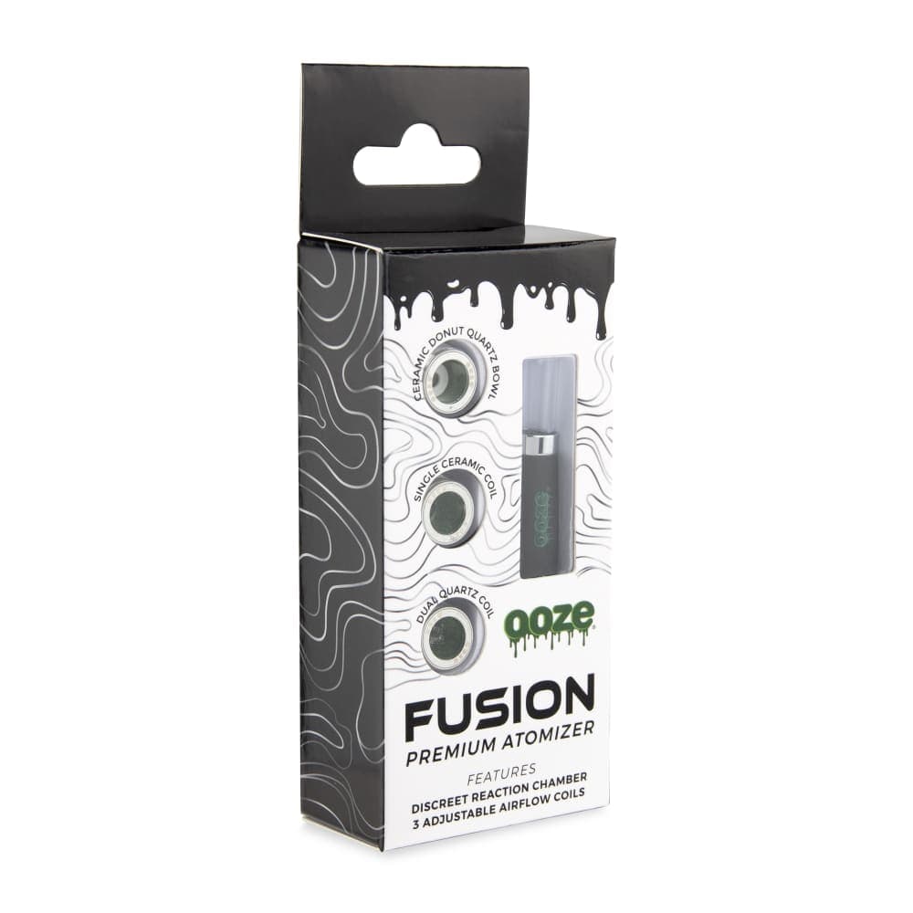 A close-up shot of the Ooze Fusion Vape Atomizer against a black background, highlighting the product’s branding and metal construction.