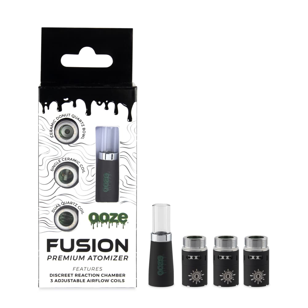 A close-up of the Ooze Fusion Vape Atomizer on a black background, showing the silver metal and clear glass construction.