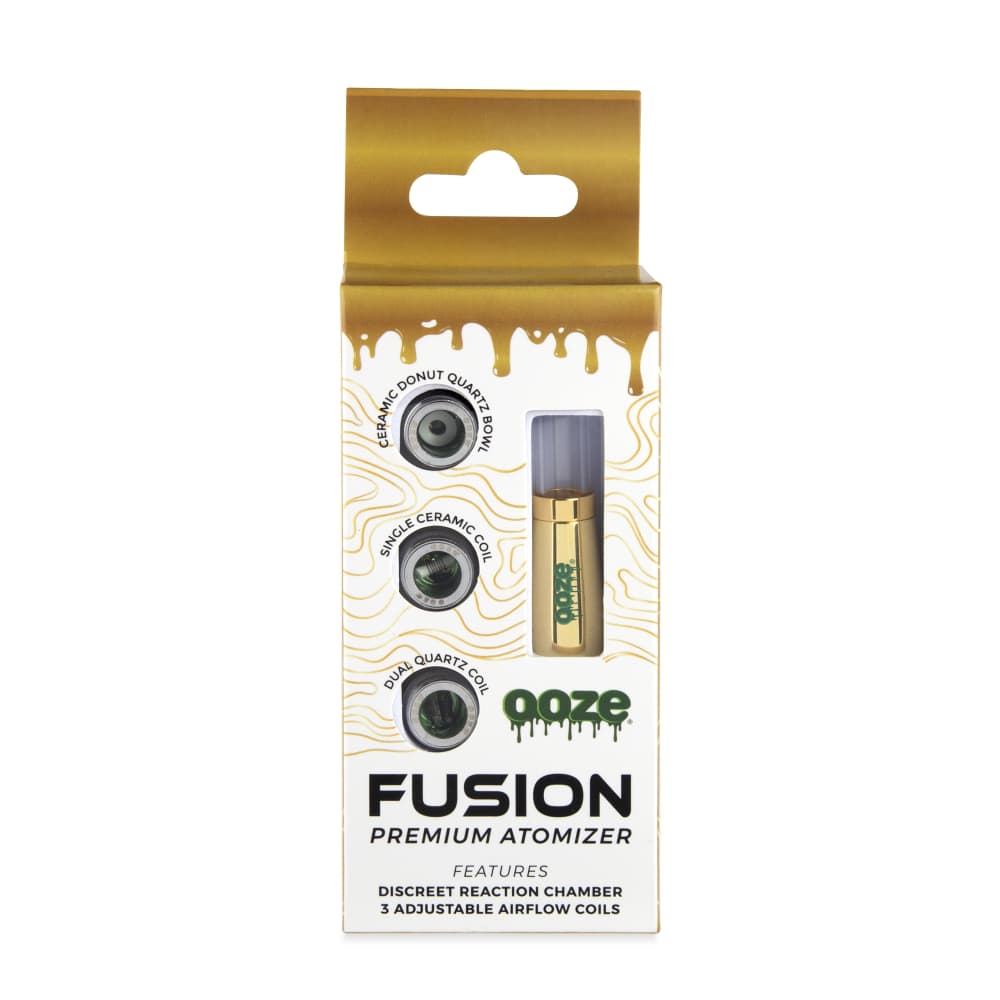 A close-up, angled view of the Ooze Fusion Vape Atomizer with visible branding, set against a dark background.