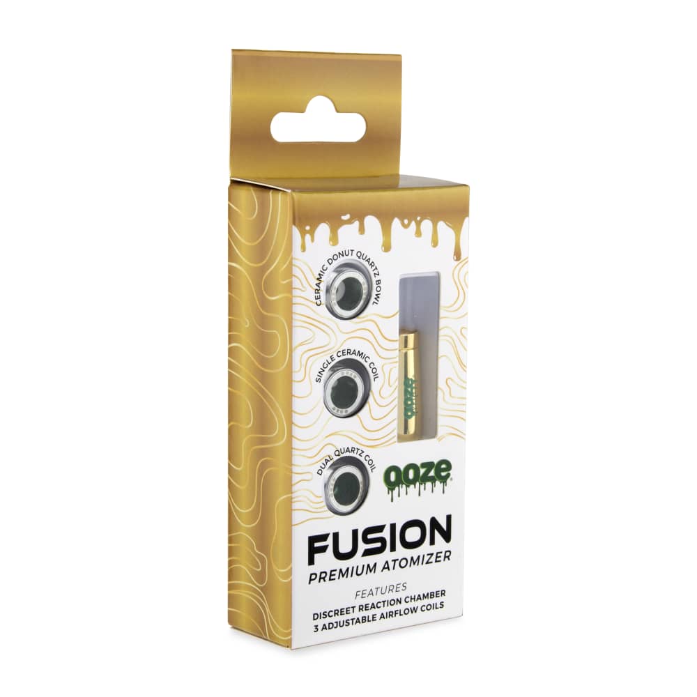 A close-up, angled view of the Ooze Fusion Vape Atomizer with text overlay on a dark background.