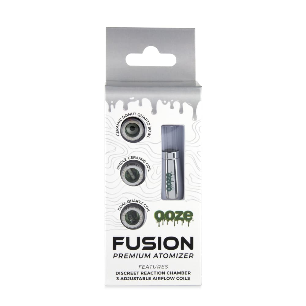 A studio shot features the Ooze Fusion Vape Atomizer against a black background, highlighting its sleek, metallic finish.