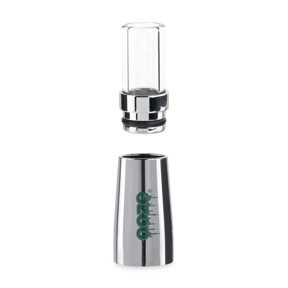 A close-up view of the Ooze Fusion Vape Atomizer, showcasing its silver metal body and black threaded connection.